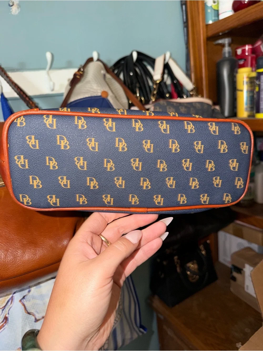 Dooney & Bourke Navy and Brown Logo Crossbody Messenger
